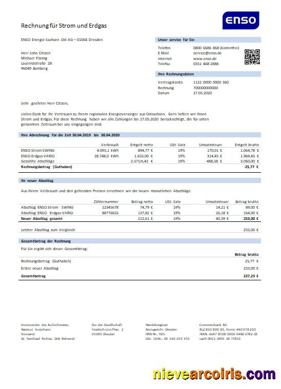 Germany ENSO rechnung für strom und erdgas utility bill